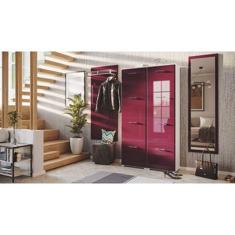 Garderobe Set 112 Dobele 3 tlg Schuhschrank 8 Klappen 32 Paar Weiss-Brombeer (1/5)