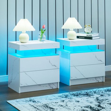Cubehom Lot de 2 table de Chevet avec 2 tiroirs et 16 Couleurs LED, 2 tiroirs Table de Chevet pour Salon, Chambre à Coucher,Blanc gris (1/5)