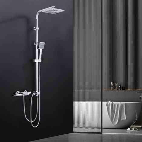 Regendusche ohne Armatur Chrom, Duschsystem Edelstahl Duschset ideal zum Nachrüsten, Verstellbare Duschsäule Ohne Thermostat Duschset Eckig 20x20 cm