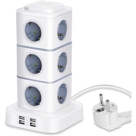 Tour Multiprise, 12 Prises Multiprise Electrique (2500W / 10A) avec 4 Ports USB, Multi Prises électriques Parafoudre Multiprise Verticale pour Maison Bureau, Rallonge 3M