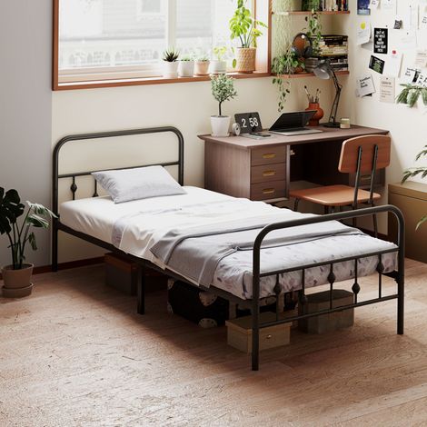 Cama individual de metal negra 90x200 cm, estructura con espacio de almacenamiento y somier integrado (1/5)