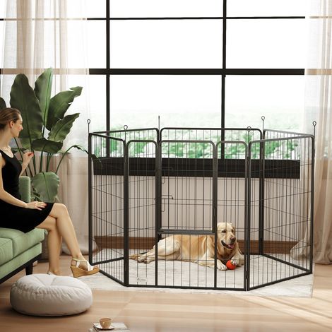 6-teiliges Hunde-Laufgitter, 100 cm hoch, mit Tür für den Innen- und Außenbereich, Schwarz