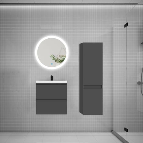 Ensemble meuble vasque L.50cm 2 tiroirs + lavabo + LED miroir rond 60cm + colonne B,anthracite aica