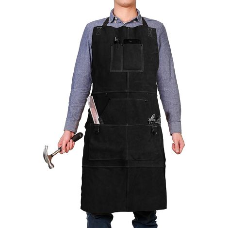 1 - Tablier De Soudure - Tablier En Cuir - Résistant À La Chaleur Et Aux Flammes - 6 Poches Pour Outils - Pour Atelier Et Jardinage - Marron - 61x91cm (1/5)