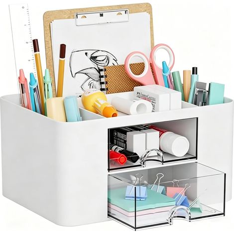 Schreibtisch-Organizer mit Schubladen, multifunktionaler Stiftehalter mit 7 Fächern, Büroartikel-Organizer für das Homeoffice und Zubehör (weiß) (1/5)