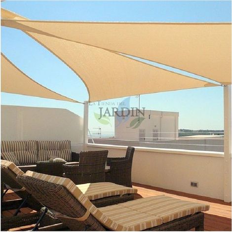 Toldo vela triangular poliéster 3,6 x 3,6 x 3,6 metros, beige 150 gr/m2 UV para jardin.