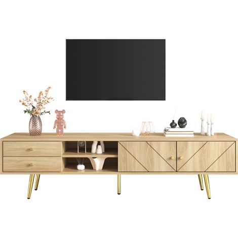 Meuble TV 160 cm avec pieds dorés, deux tiroirs et portes au design unique