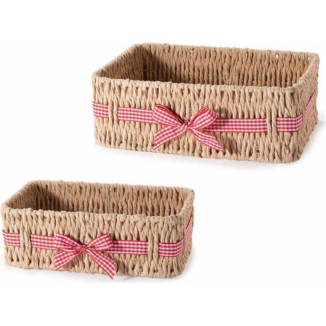 Cestini rettangolari in carta intrecciata con fiocco a quadretti, set da 2 pezzi, Grande: cm 24x16,5x8,5 H