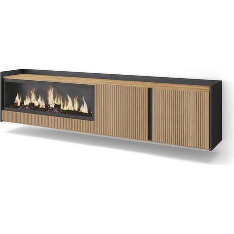 Skraut Home - Mueble TV, Televisión, Muebles de salón, almacenaje, 212x35x50cm, Para TV hasta 80", Chimenea eléctrica XXL, Colgado, Suspendido, Estilo Moderno, Roble y negro (1/5)