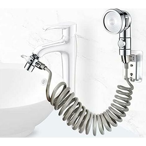 Set doccia per lavandino del bagno, doccetta manuale per bagno, tubo flessibile retrattile, ideale per lavarsi i capelli o pulire il lavandino (senza rubinetto) (argento) (1/4)