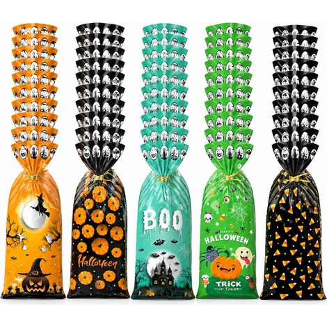 100 Sacs à Bonbons d'Halloween, Sacs en Cellophane Transparents, Sacs Torsadés à Motif Fantôme de Chauve-Souris de Château de Monstre de Citrouille d'Halloween, Adaptés à l'Emballage de Bonbons, Colla (1/4)