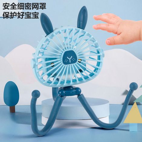 Ventilateur électrique portable silencieux en forme de pieuvre, rechargeable par USB, pour poussette, berceau ou lit bébé. Oreilles de lapin roses. (1/2)