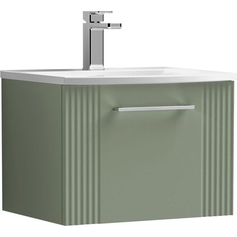 Belvide Partial Fluted 1 Drawer Wall Hung Vanity Unit with 1 Tap Hole Curved Basin- 500mm - Satin Green (1/4)