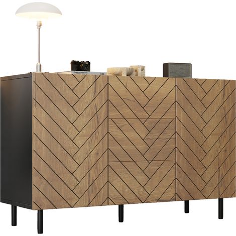 Sideboard 120 x 40 x 76 cm en bois clair, meuble de rangement moderne avec 3 tiroirs et 2 portes pour salon, plateau large et cadre noir - CHICFURN (1/5)