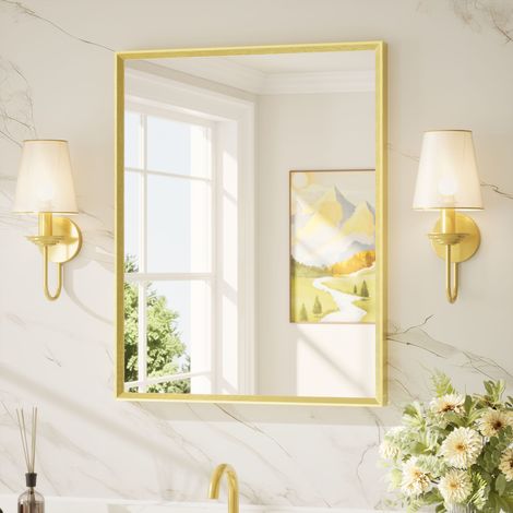Keonjinn Wandspiegel rechteckig Gold 60x76cm, Alurahmen, HD-gehärtetes Glas, mit runden Ecken, moderner Stil, HD-Reflexion, für Badezimmer&Flur (1/5)
