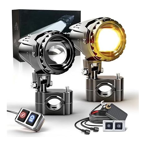 70W 35000LM Feux Antibrouillard Moto, Feux Additionnels Moto 7 Modes Stroboscopiques de Conduite Avec Auxiliaire Blanc Ambre Kit de Faisceau de Câbles et 2 Supports de Montage (1/5)