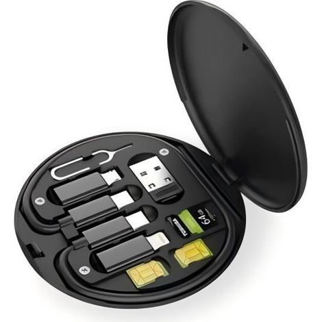 Câble de données TEC M2 60 W - Interface multiple + lecteur de carte SIM + lecteur SD/TF, kit complet pour appareils mobiles, couleur noire (1/2)