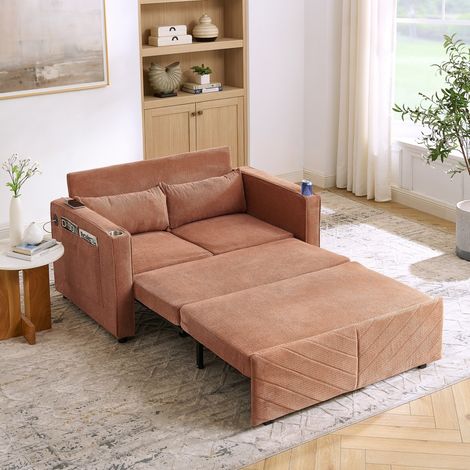 Canapé-lit 2 places 3 en 1 design minimaliste, convertible coulissant, ports USB, orange 195x134x73cm, idéal pour salon et studi (1/5)