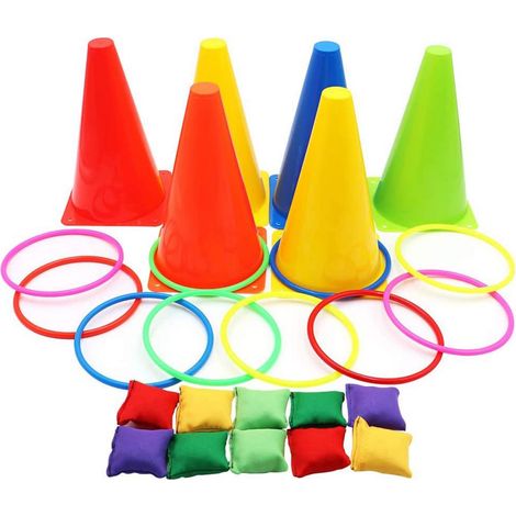 1 Jeu de lancer 3 en 1, cônes souples, sacs de haricots, anneaux multicolores, extérieur jardin (1/5)