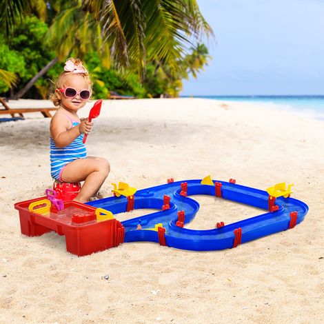Bleu et rouge - Jeu eau sable 53 pièces, 3–6 ans, modules et accessoires, PP, extérieur, 123x90x7 cm (1/4)