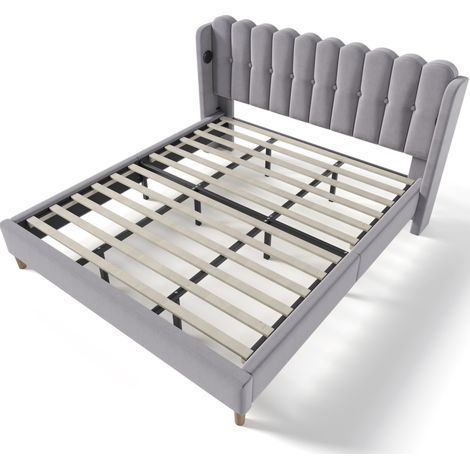 Cama doble tapizada 180 x 200 cm en tela gris con USB y USB-C, somier de láminas (1/5)