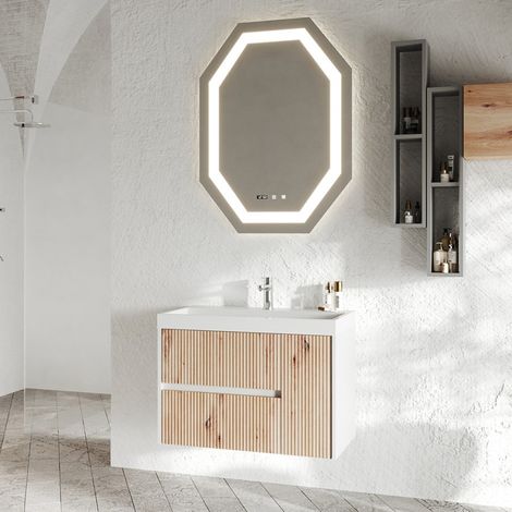 Mueble de baño suspendido 80 cm lavabo espejo cajones puerta Portofino 80 (1/4)