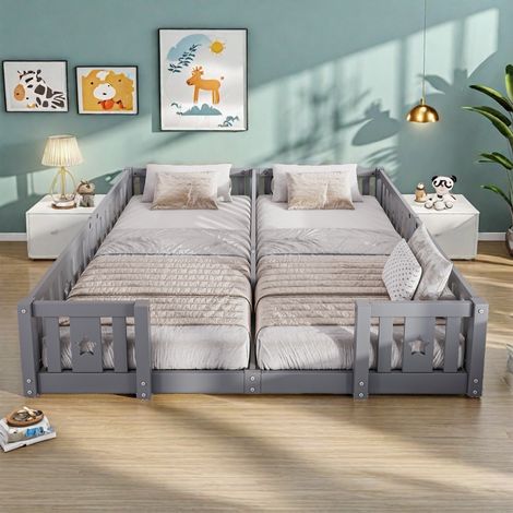 Montessori Letto 180x200cm,Lettino per bambini con motivo stella protezione anti-caduta,Letto per bambini Montessori al pavimento,letto per bambini in legno,letto gemellare Montessori,Grigio(Con doghe