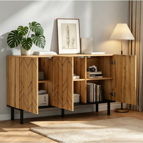 Aparador 120/35/70 cm en madera natural con 3 puertas y patas metálicas negras (1/5)