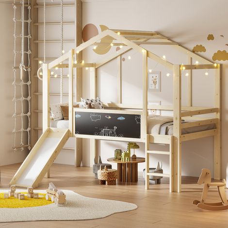 Lit mezzanine enfant 90x200 cm - Avec échelle de sécurité - Tboggan de sécurité - Tableau à dessin - Naturel (matelas non inclus) (1/5)