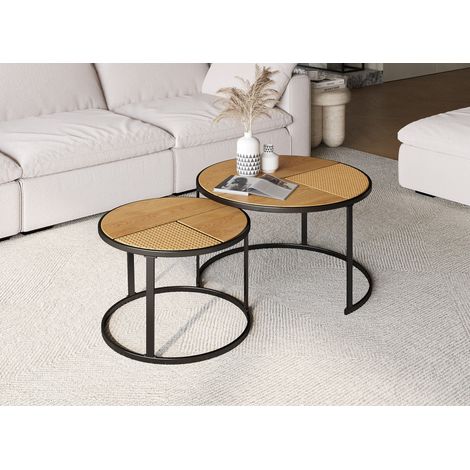 Deco In Paris – Lot de 2 tables basses gigognes rondes imitation rotin – Plateau en bois MDF – Pieds en métal noir – Dimensions 70 cm et 50 cm (1/5)