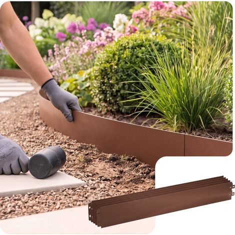 VOUNOT® 5er Set verzinkt Metall Rasenkante Beeteinfassung 100×13 cm, Braun (1/5)
