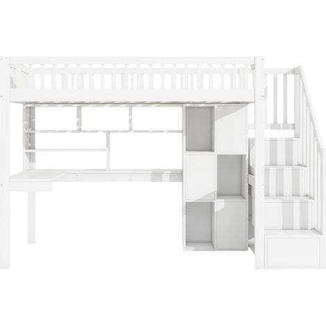Lit mezzanine 90 x 200 cm blanc avec LED, escalier de rangement, étagères et bureau, sans matelas (1/5)