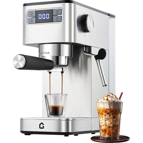 Expresso semi-automatique 15-20 bars – Pompe haute pression – Mousseur à lait – Réservoir 1,4L – Design compact inox 13cm – Pour cappuccino et latte – Idéal maison, bureau, cuisine professionnelle (1/5)