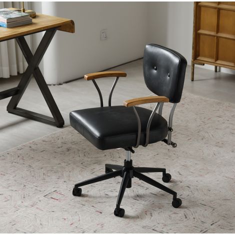 Silla de oficina ergonómica de cuero negro, regulable y giratoria, reposabrazos de roble, OKWISH (1/5)