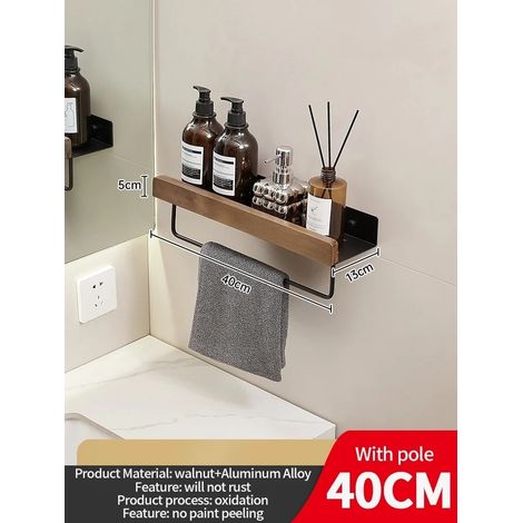 Étagère d'angle en bois et aluminium (poteau noir de 40 cm) pour salle de bain, rangement pour shampoing, étagère murale de douche. (1/5)