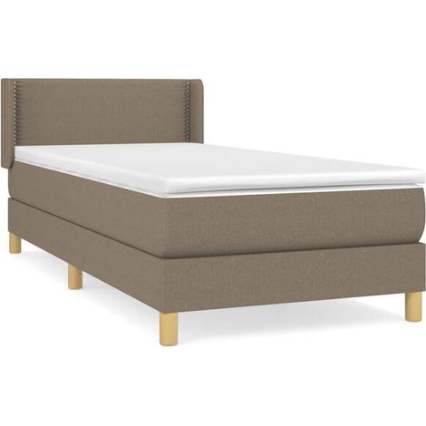 Cadre de lit à lattes avec matelas gris-brun, dimensions 90x190 cm, revêtement en tissu. (1/5)