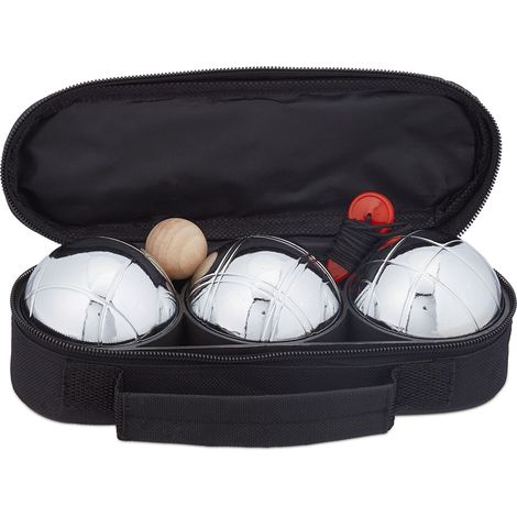 Relaxdays Lot de 3 boules de pétanque métalliques, avec cochonnet et mètre, sacoche, jeu en extérieur, argenté et noir