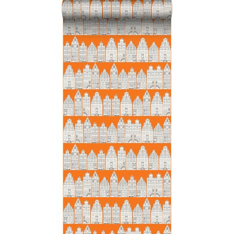 papier peint maisons bordant les canaux d'Amsterdam orange et blanc - ESTAhome (1/5)