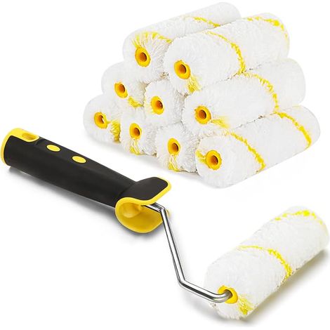 Rouleau de Peinture, 11 Pièce Kit Rouleau à Peinture, 10 Pcs Pinceaux de Peinture Rouleaux 11cm + 1 Poignée, Ensemble de Peintre, Rouleau et Recharge Pour le Mur et le Plafond Antigoutte. (1/5)