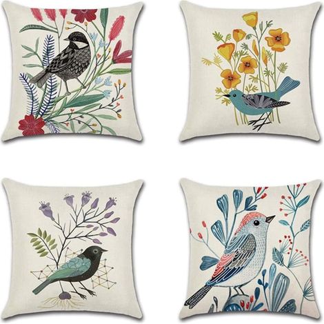 Housse de Coussin Oiseau Fleur Ferme Modèle Taie d'oreiller pour Canapé Maison Salon Chambre Décoration D'intérieur, 45x45cm, Ensemble de 4 pièces (Oiseau et Fleur) (1/5)