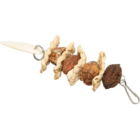 Jouet à mâcher pour oiseaux, fait main, avec feuilles de maïs, noix, os de seiche et crochet en acier inoxydable. Jouet à suspendre pour perroquet. (1/5)