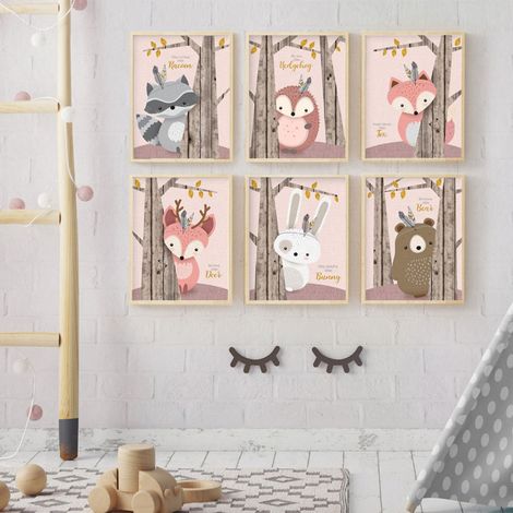 Lot de 6 tableaux sur toile (30 x 21 cm) à motifs d'animaux mignons de dessin animé, décoration murale pour la maison (1/5)
