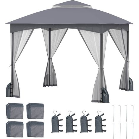 Tetto morbido a doppio strato con 4 sacchi di sabbia con cerniera, Gazebo da patio 3x3 M con pareti in rete Grigio (1/3)