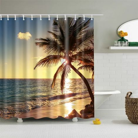 Rideau de douche à motif coquillages, étoiles de mer, conques, palmiers bleus et coucher de soleil, décor de salle de bain, 120 x 180 cm (47 x 70 pouces), 120 x 180 cm (47 x 70 pouces)
