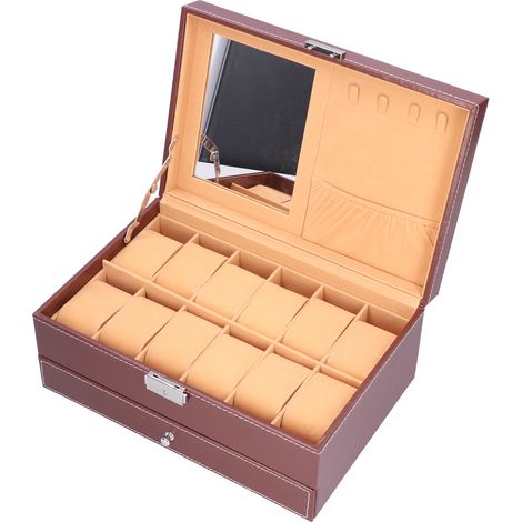 Boîte à bijoux en cuir PU double couche, organisateur pour colliers et montres, avec clé. (1/5)