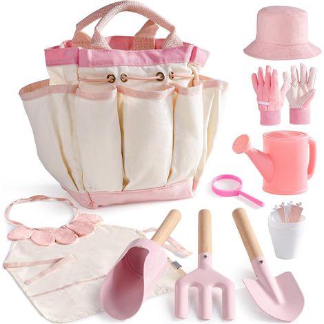 Kids Garden Set, 18 Piece Garden Tool Set for Toddlers with Watering Can, Gloves, Apron, Hat and Bag for Boys and Girls Age 3+ (Pink) (1/5)