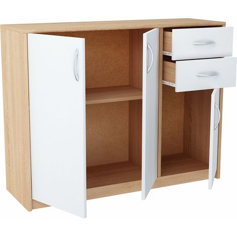 Buffet contemporain blanc-Sonoma 3 portes 2 tiroirs – Panneau stratifié 16mm – Dimensions 110 x 35 x 85 cm – Rangement optimal (1/5)