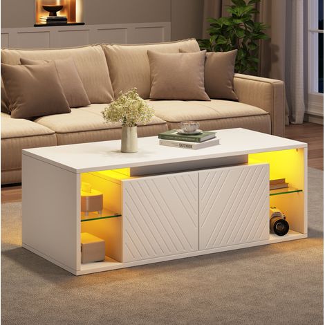 Tavolino da caffè bianco 100x50x41 cm con LED, 2 ante e vano semiaperto OKWISH (1/5)