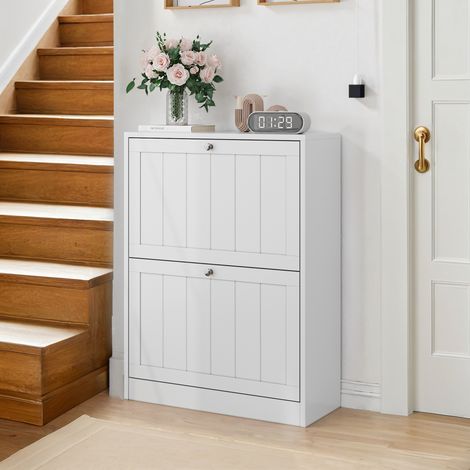 Scarpiera in MDF e truciolare bianco, 2 ante a ribalta, design salvaspazio con pannelli interni regolabili (1/5)