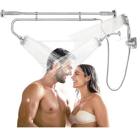 Doppio soffione doccia per coppie, combinazione soffione doccia ad alta pressione, asta doccia regolabile in altezza con gancio, cromato (1/4)